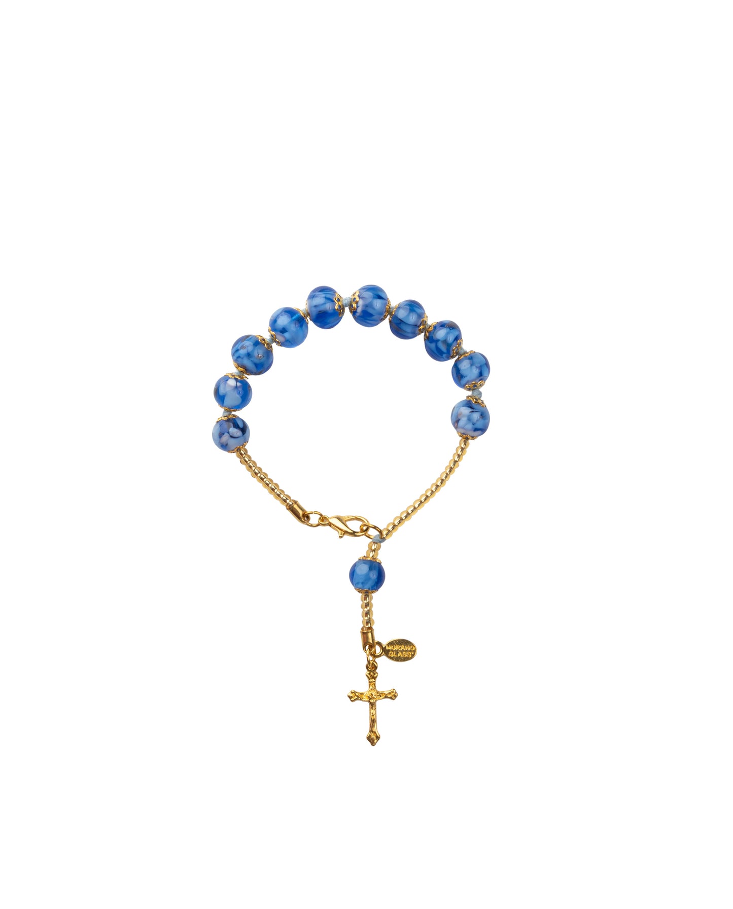 BDG-Bracciale Decina in Vetro di Murano realizzato interamente a mano con 10 Perle da 8 mm lungo 19,5 cm - Gold (Nuvola 056 Azzurro)