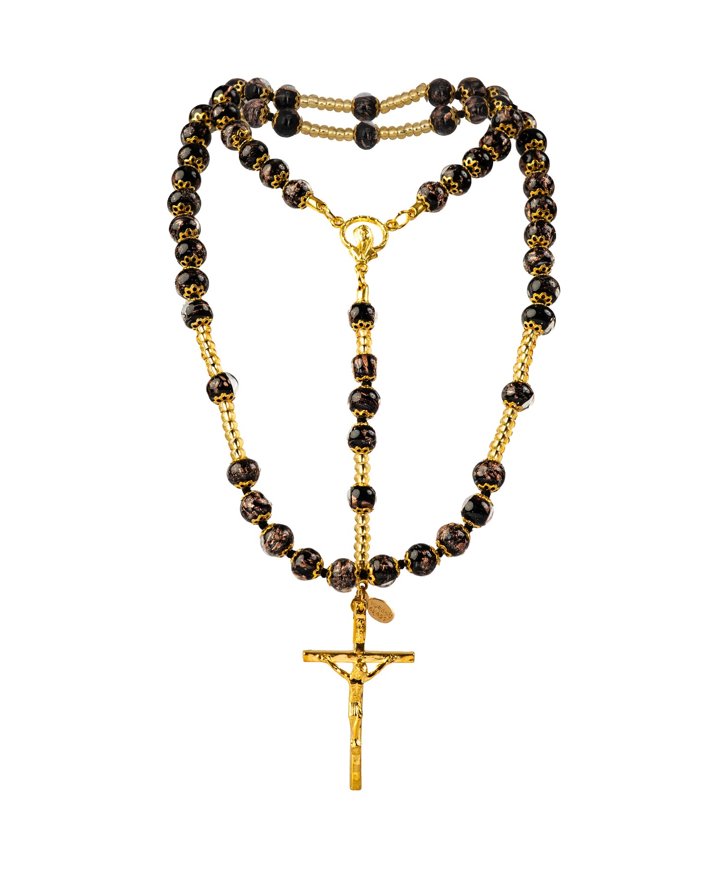 AG-Rosario in Vetro di Murano realizzato interamente a mano con 59 Perle da 8 mm lungo 68 cm - Gold (Avventurina Pasta 064 Nero)
