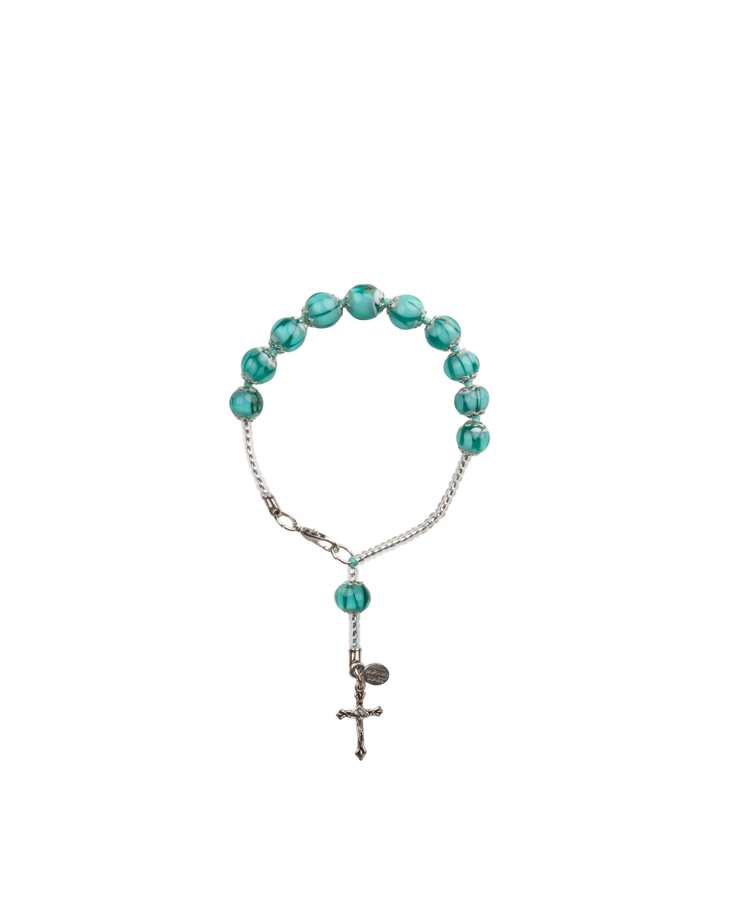 BDS-Bracciale Decina in Vetro di Murano realizzato interamente a mano con 10 Perle da 8 mm lungo 19,5 cm - Silver (Nuvola 026 Verde)