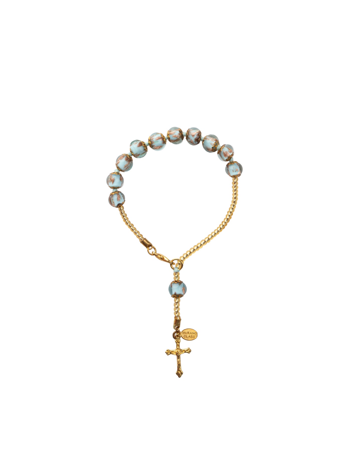 BDG-Bracciale Decina in Vetro di Murano realizzato interamente a mano con 10 Perle da 8 mm lungo 19,5 cm - Gold (Avventurina pasta-224 azzurro chiaro)
