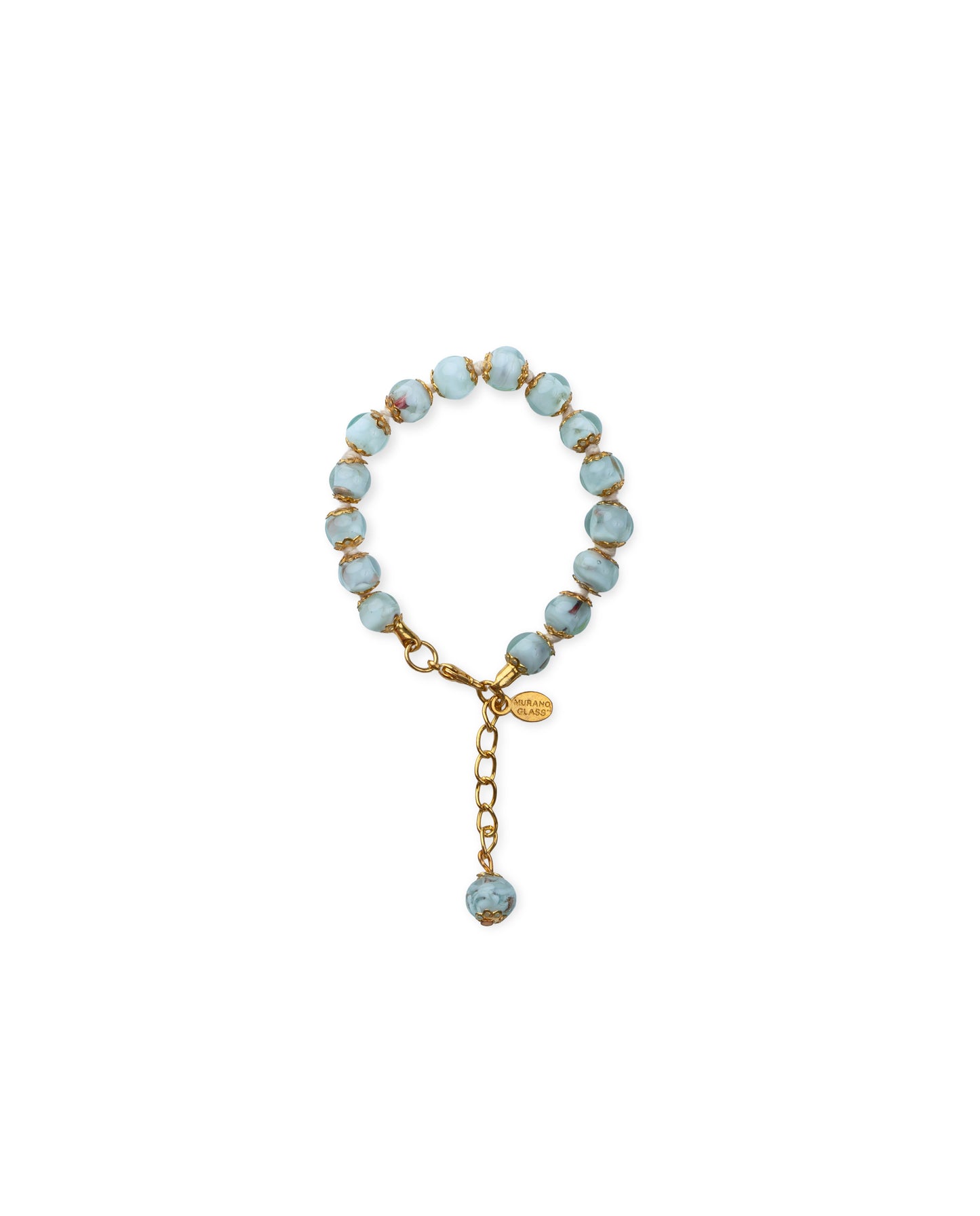 BRG-Bracciale in Vetro di Murano realizzato interamente a mano con 15 Perle da 8 mm lungo 18,5 cm - Gold (Avventurina pasta 224 azzurro chiaro)
