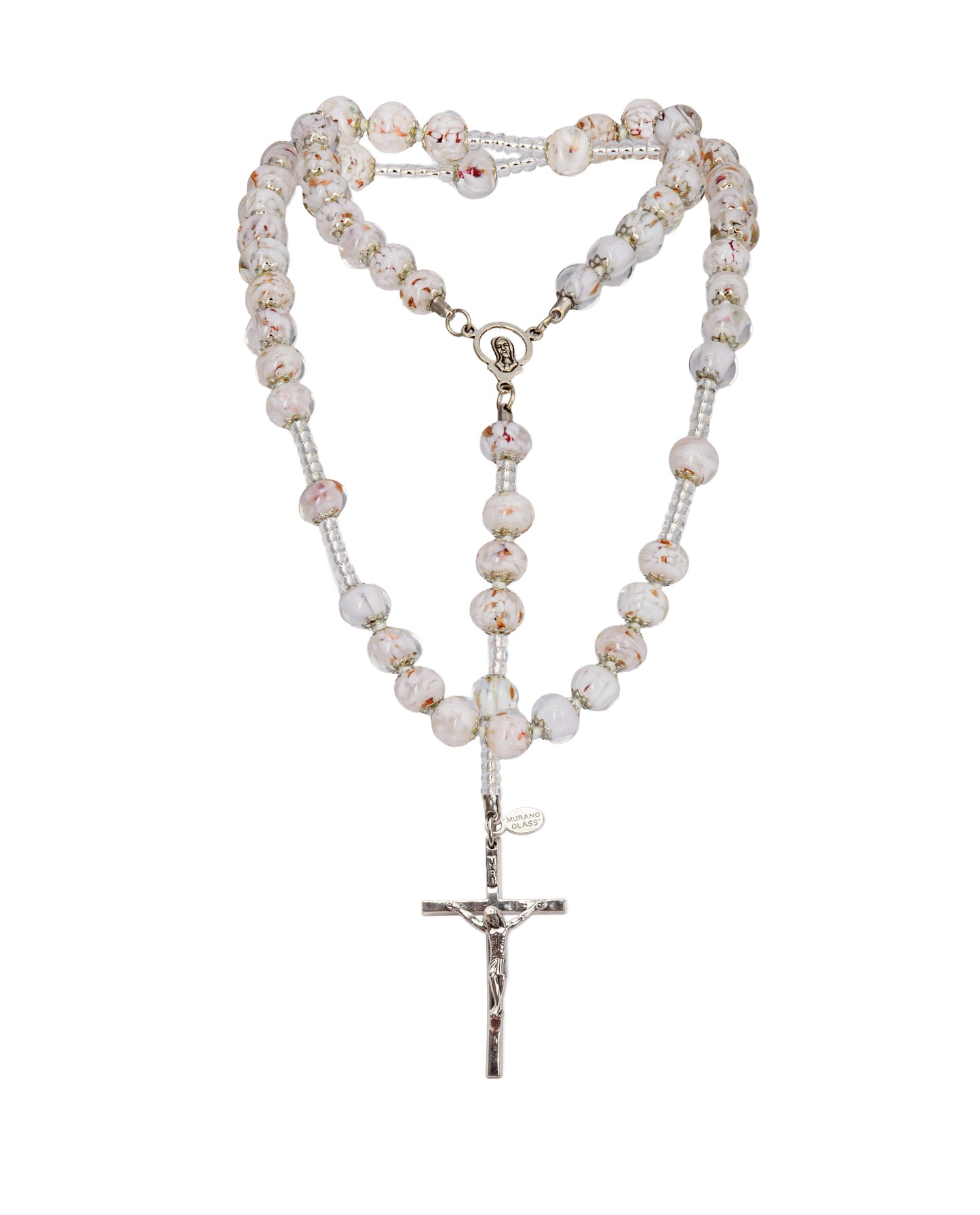AS-Rosario in Vetro di Murano realizzato interamente a mano con 59 Perle da 8 mm lungo 68 cm - Silver (Nuvola 004 bianco)