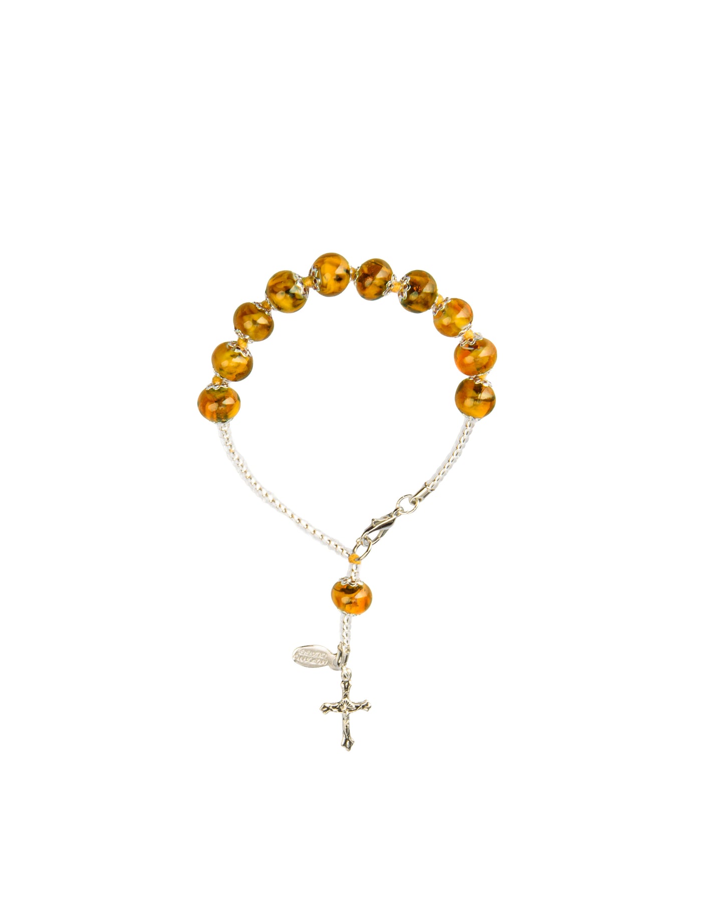 BDS-Bracciale Decina in Vetro di Murano realizzato interamente a mano con 10 Perle da 8 mm lungo 19,5 cm - Silver (Nuvola 012 Ambra)