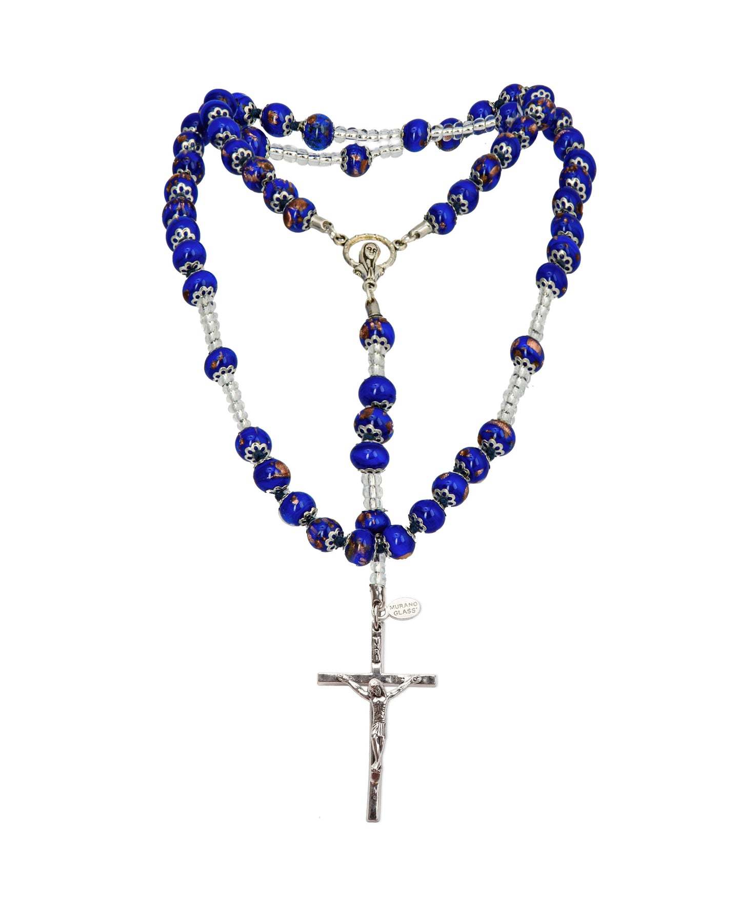 AS-Rosario in Vetro di Murano realizzato interamente a mano con 59 Perle da 8 mm lungo 68 cm - Silver (Avventurina pasta 242 Blu Scuro)