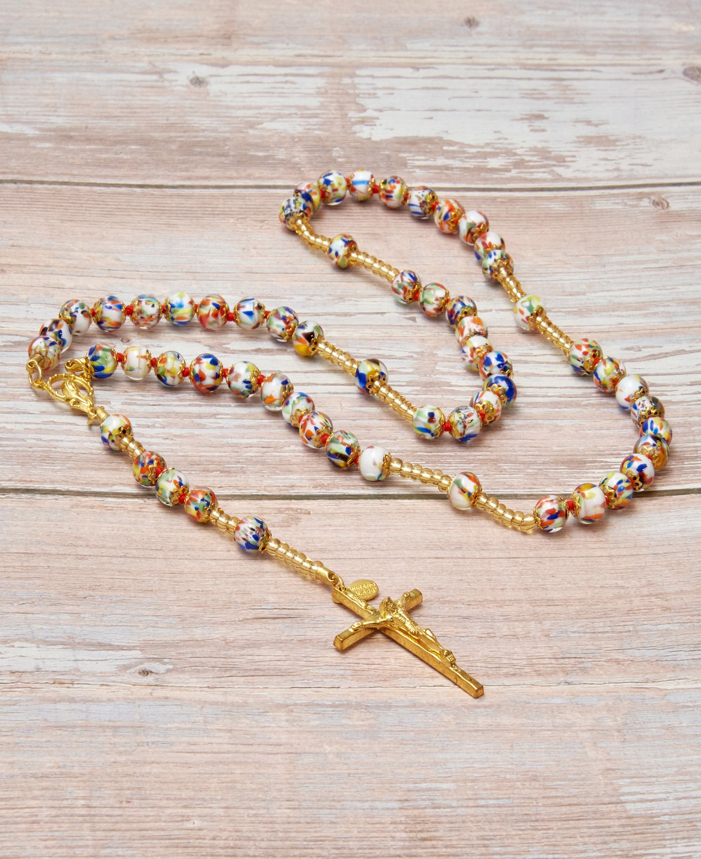 AG2-Rosario in Vetro di Murano garantito, realizzato interamente a mano con 59 Perle da 8 mm lungo 68 cm - Gold (Pestaccio Arlecchino)