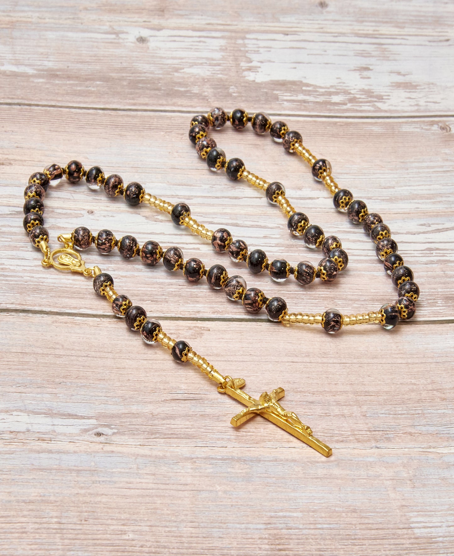 AG1-Rosario in Vetro di Murano garantito, realizzato interamente a mano con 59 Perle da 8 mm lungo 68 cm - Gold (Avventurina Pasta 064 Nero)