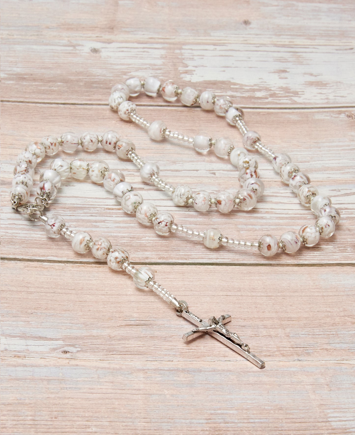 AS3-Rosario in Vetro di Murano garantito, realizzato interamente a mano con 59 Perle da 8 mm lungo 68 cm - Silver (Nuvola 004 bianco)