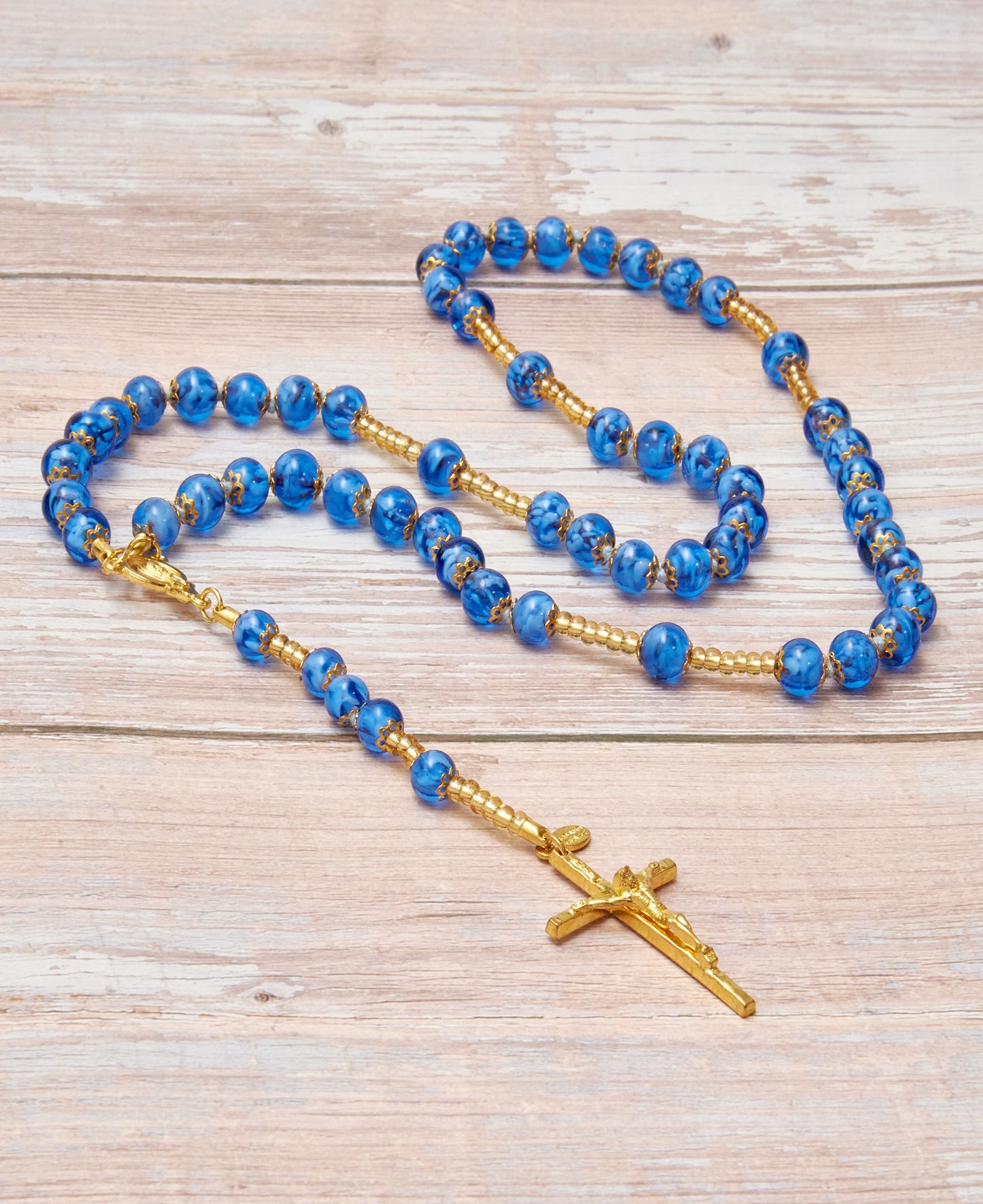 AG3-Rosario in Vetro di Murano garantito, realizzato interamente a mano con 59 Perle da 8 mm lungo 68 cm - Gold (Nuvola 056 Azzurro)