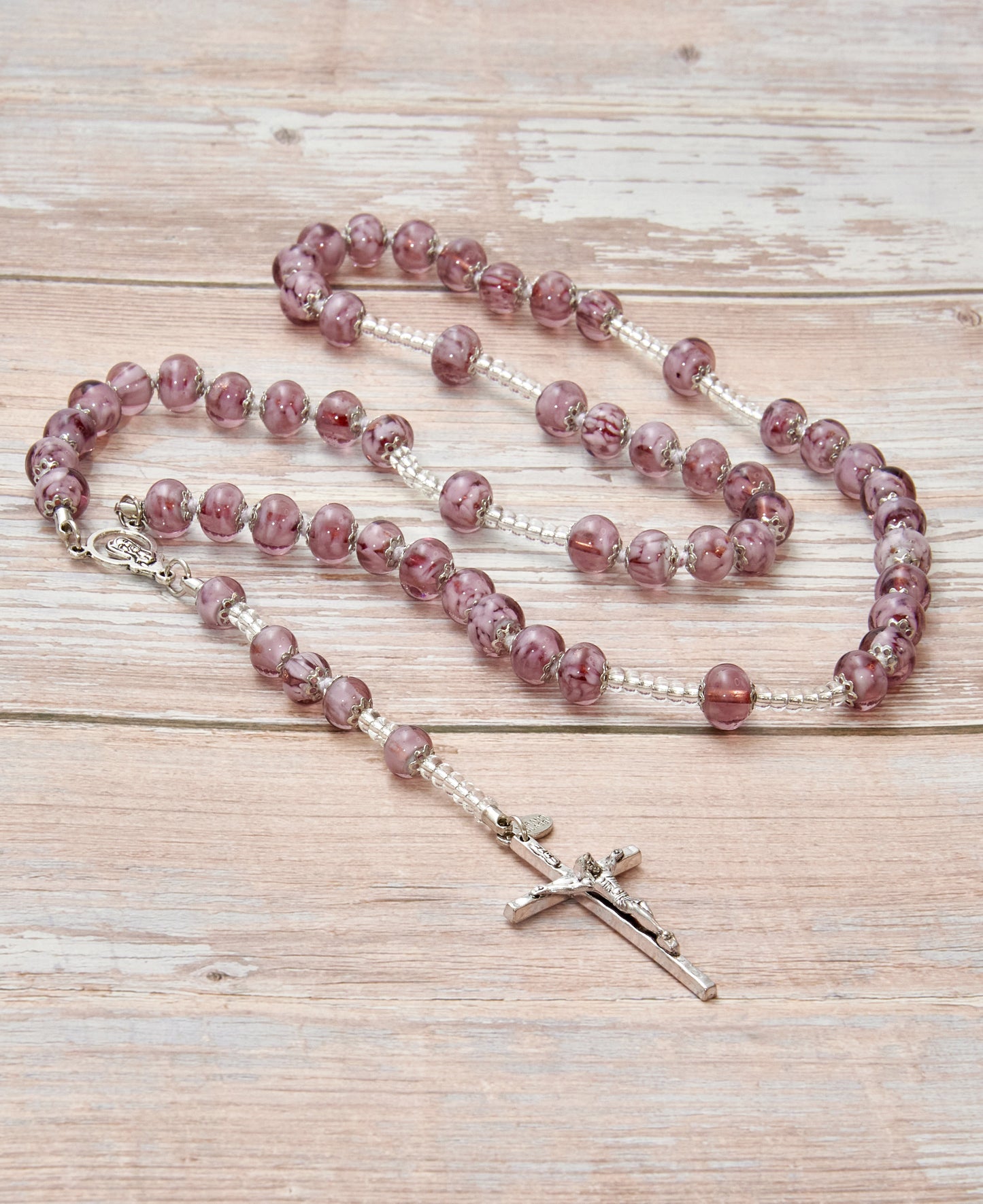 AS6-Rosario in Vetro di Murano garantito, realizzato interamente a mano con 59 Perle da 8 mm lungo 68 cm - Silver (Nuvola-040 viola)