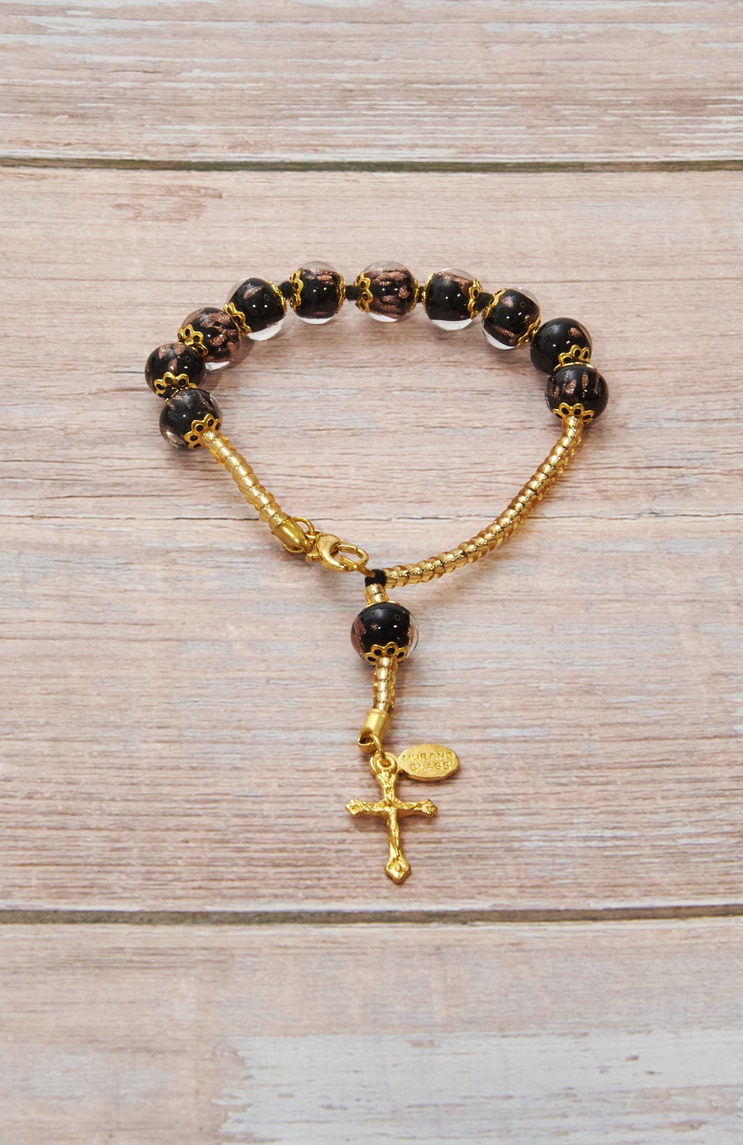 BDG1-Bracciale Decina in Vetro di Murano garantito, realizzato interamente a mano con 10 Perle da 8 mm lungo 19,5 cm - Gold (Avventurina pasta 064 Nero)