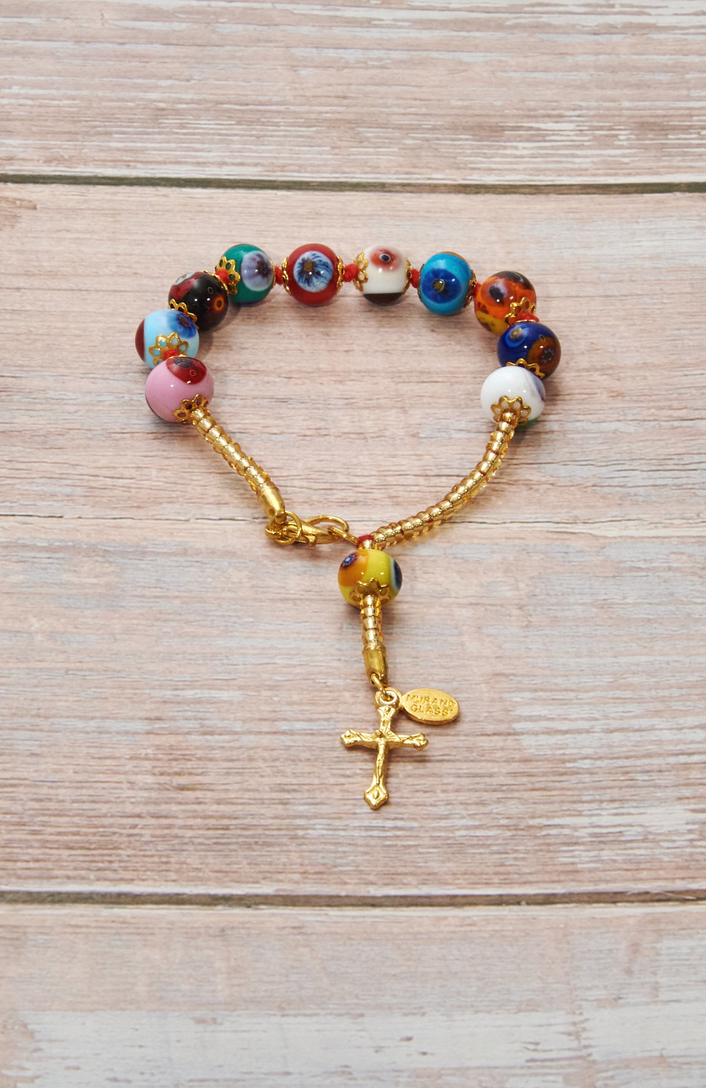 BDG4-Bracciale Decina in Vetro di Murano garantito, realizzato interamente a mano con 10 Perle da 8 mm lungo 19,5 cm - Gold (Mosaico Millefiori)