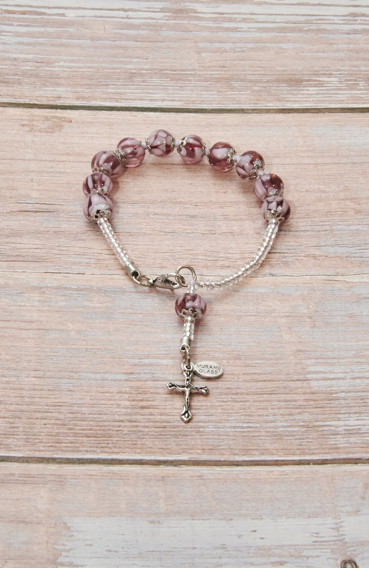 BDS5-Bracciale Decina in Vetro di Murano garantito, realizzato interamente a mano con 10 Perle da 8 mm lungo 19,5 cm - Silver (Nuvola 040 Viola)