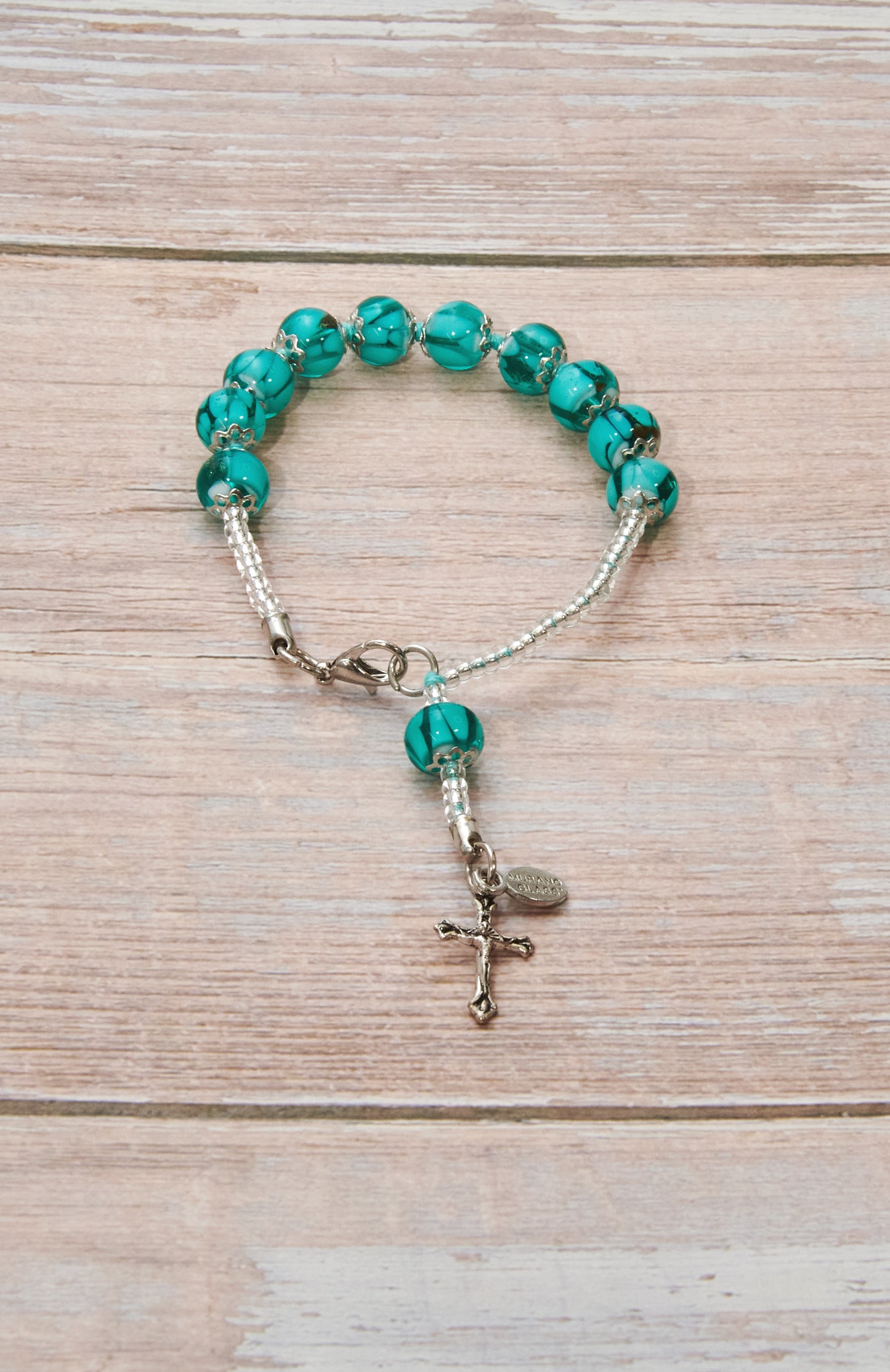 BDS2-Bracciale Decina in Vetro di Murano garantito, realizzato interamente a mano con 10 Perle da 8 mm lungo 19,5 cm - Silver (Nuvola 026 Verde)