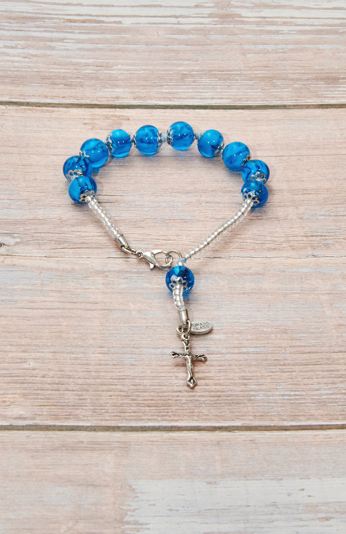 BDS6-Bracciale Decina in Vetro di Murano garantito, realizzato interamente a mano con 10 Perle da 8 mm lungo 19,5 cm - Silver (Nuvola 036 Azzurro)