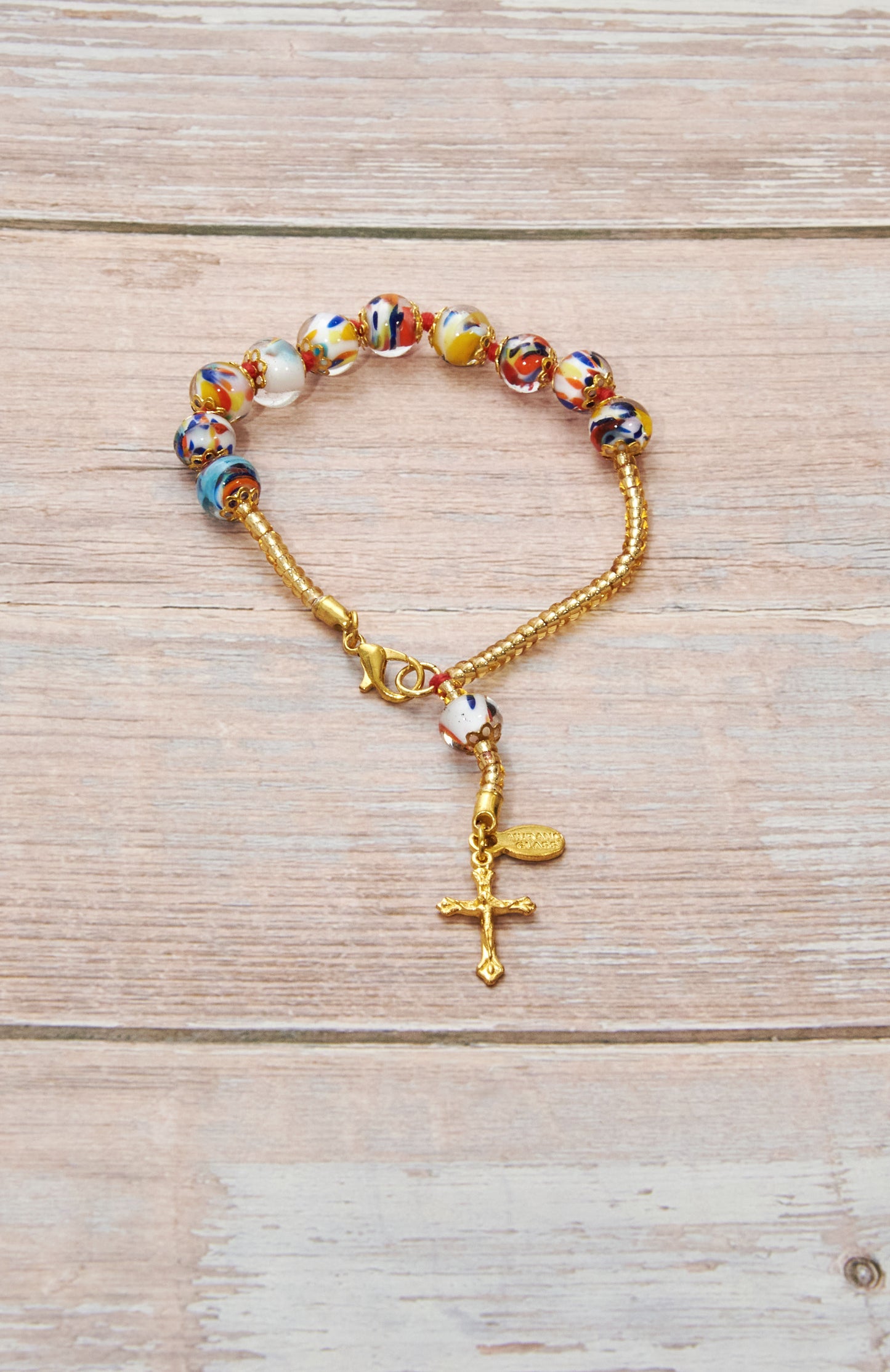 BDG3-Bracciale Decina in Vetro di Murano garantito, realizzato interamente a mano con 10 Perle da 8 mm lungo 19,5 cm - Gold (Avventurina Pestaccio Arlecchino)