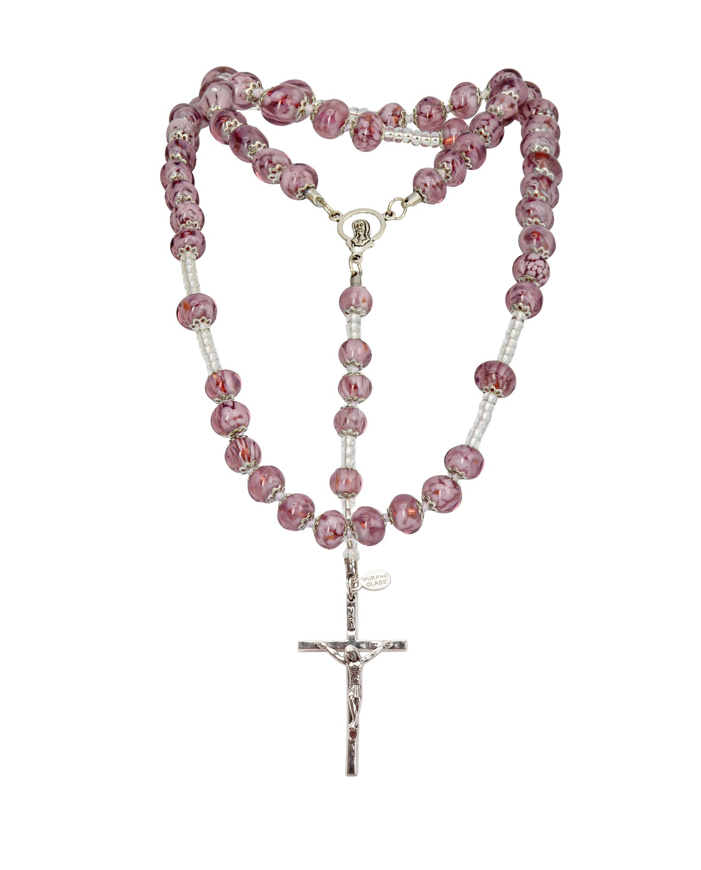 AS-Rosario in Vetro di Murano realizzato interamente a mano con 59 Perle da 8 mm lungo 68 cm - Silver (Nuvola-040 viola)