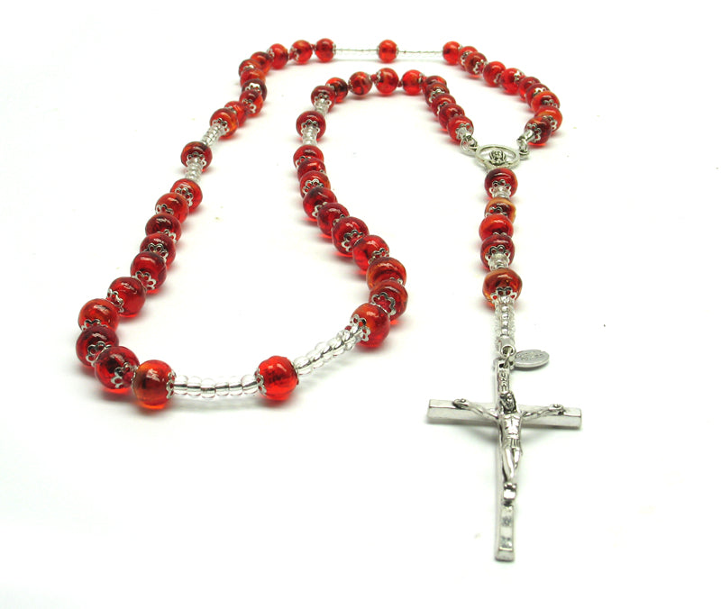Rosario in Vetro di Murano colore Rosso con Crocifisso placcato Argento 925
