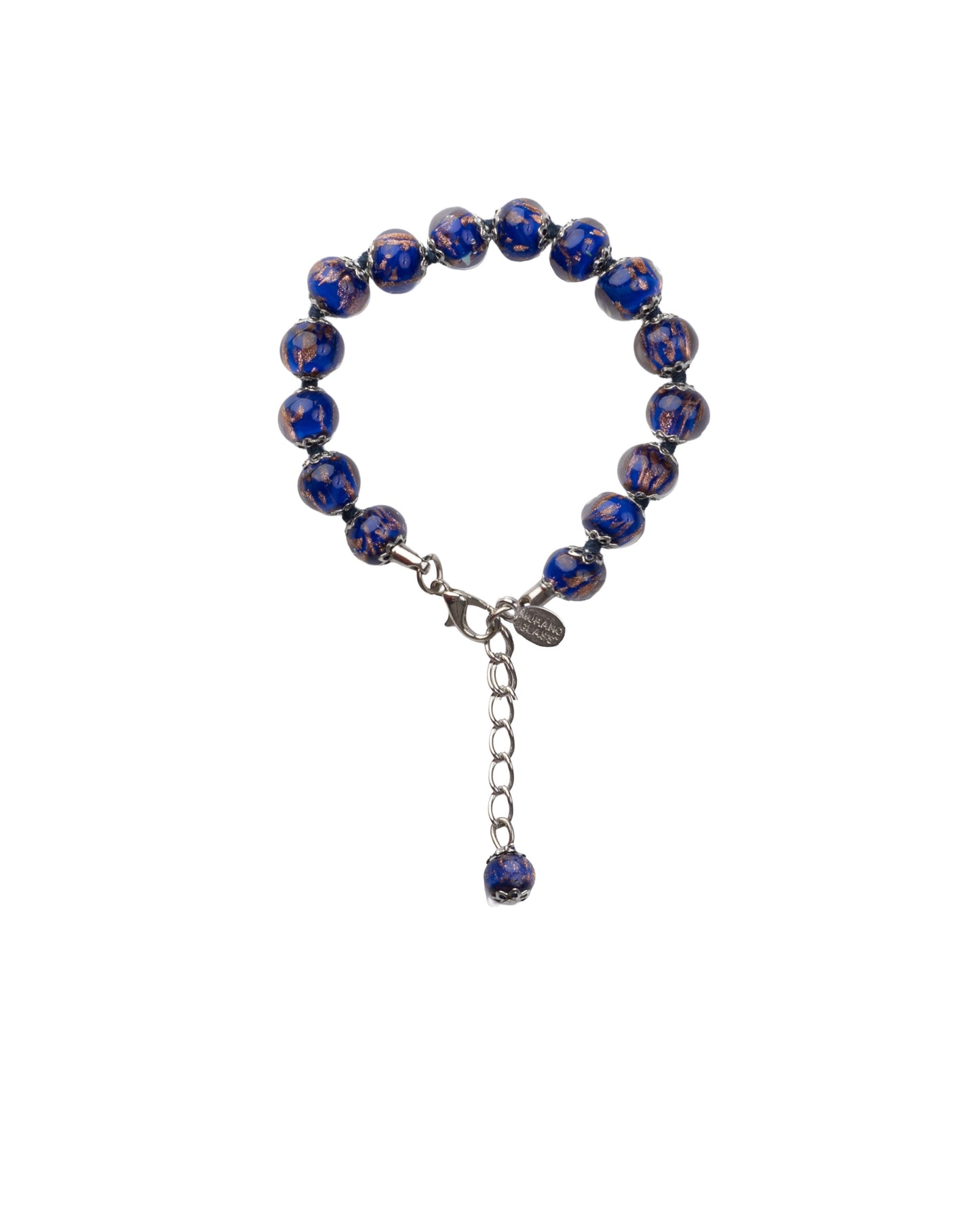 BRS-Bracciale in Vetro di Murano realizzato interamente a mano con 15 Perle da 8 mm lungo 18,5 cm - Silver (Avventurina Pasta 242 Blu Scuro)