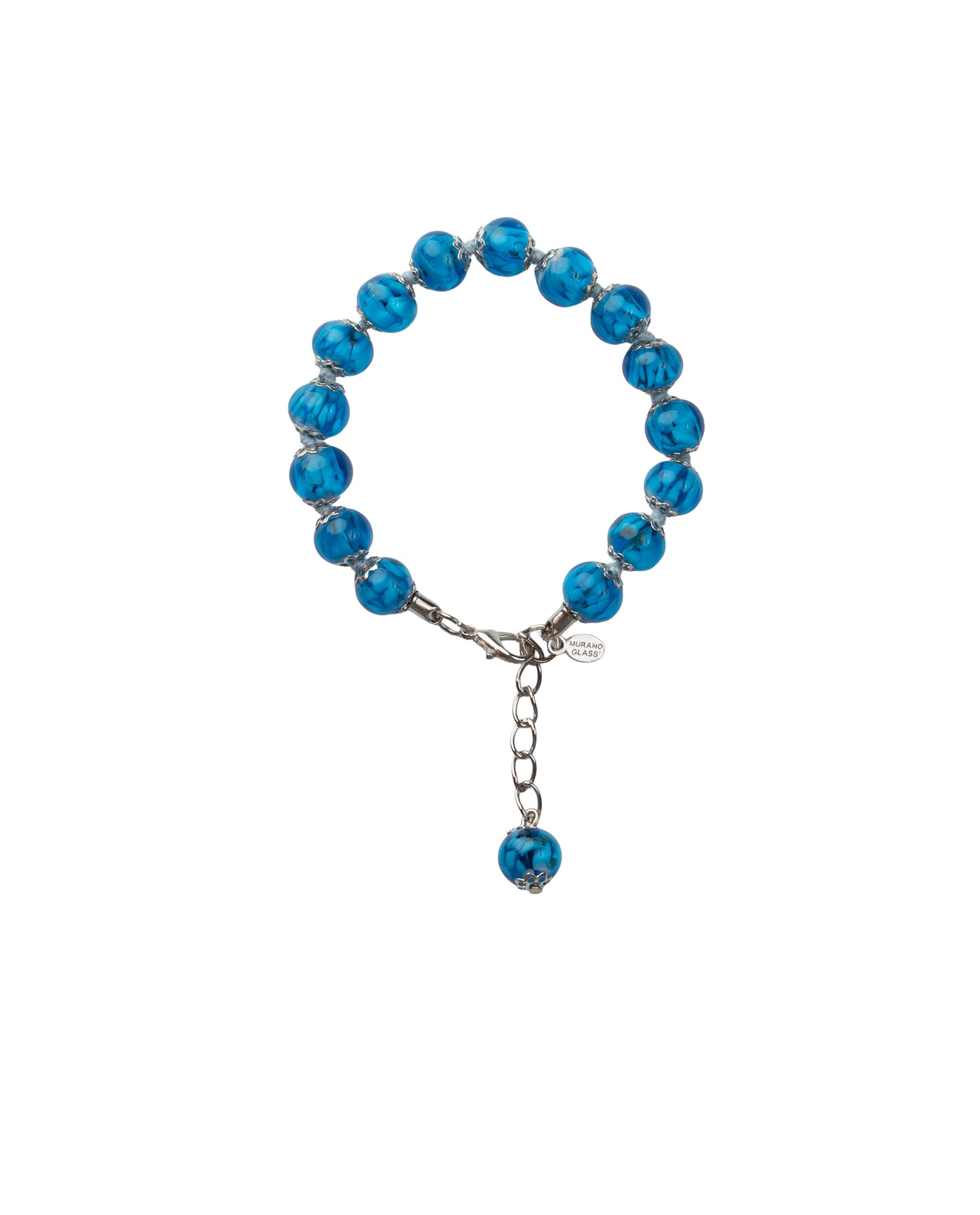 BRS-Bracciale in Vetro di Murano realizzato interamente a mano con 15 Perle da 8 mm lungo 18,5 cm - Silver (Nuvola 036 Azzurro)
