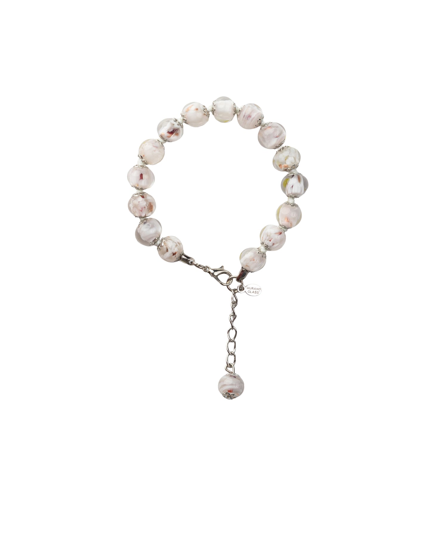 BRS-Bracciale in Vetro di Murano realizzato interamente a mano con 15 Perle da 8 mm lungo 18,5 cm - Silver (Nuvola 004 Bianco)
