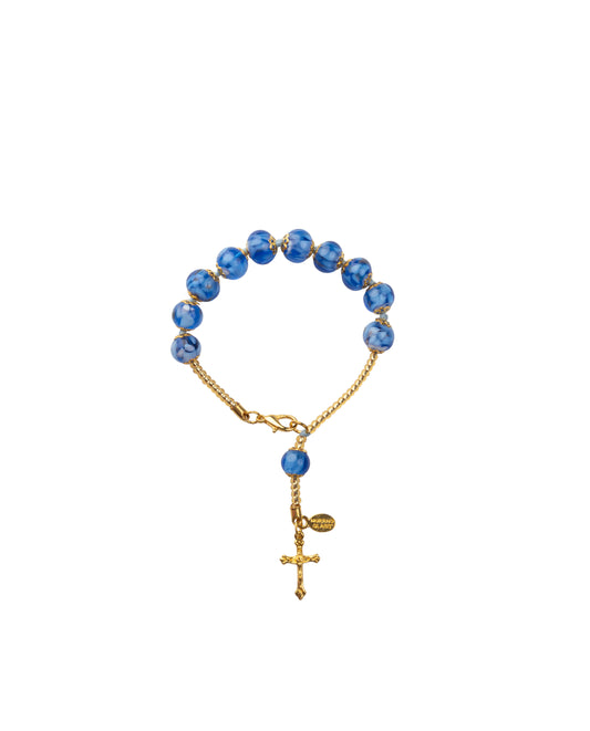 BDG-Bracciale Decina in Vetro di Murano realizzato interamente a mano con 10 Perle da 8 mm lungo 19,5 cm - Gold (Nuvola 056 Azzurro)