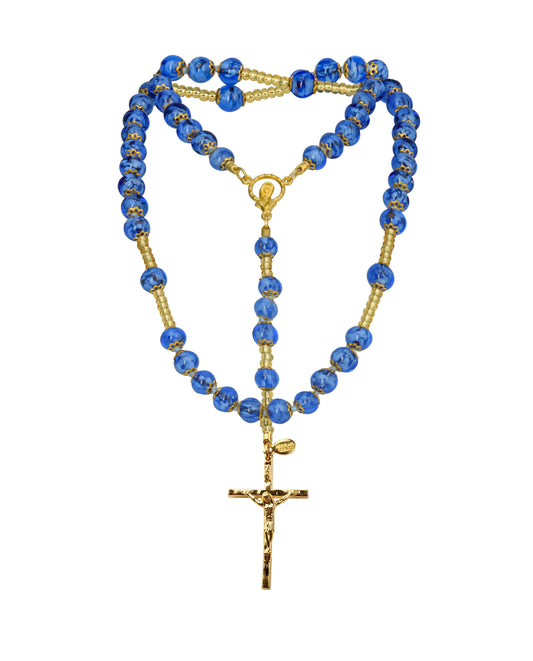 AG-Rosario in Vetro di Murano realizzato interamente a mano con 59 Perle da 8 mm lungo 68 cm - Gold (Nuvola 056 Azzurro)