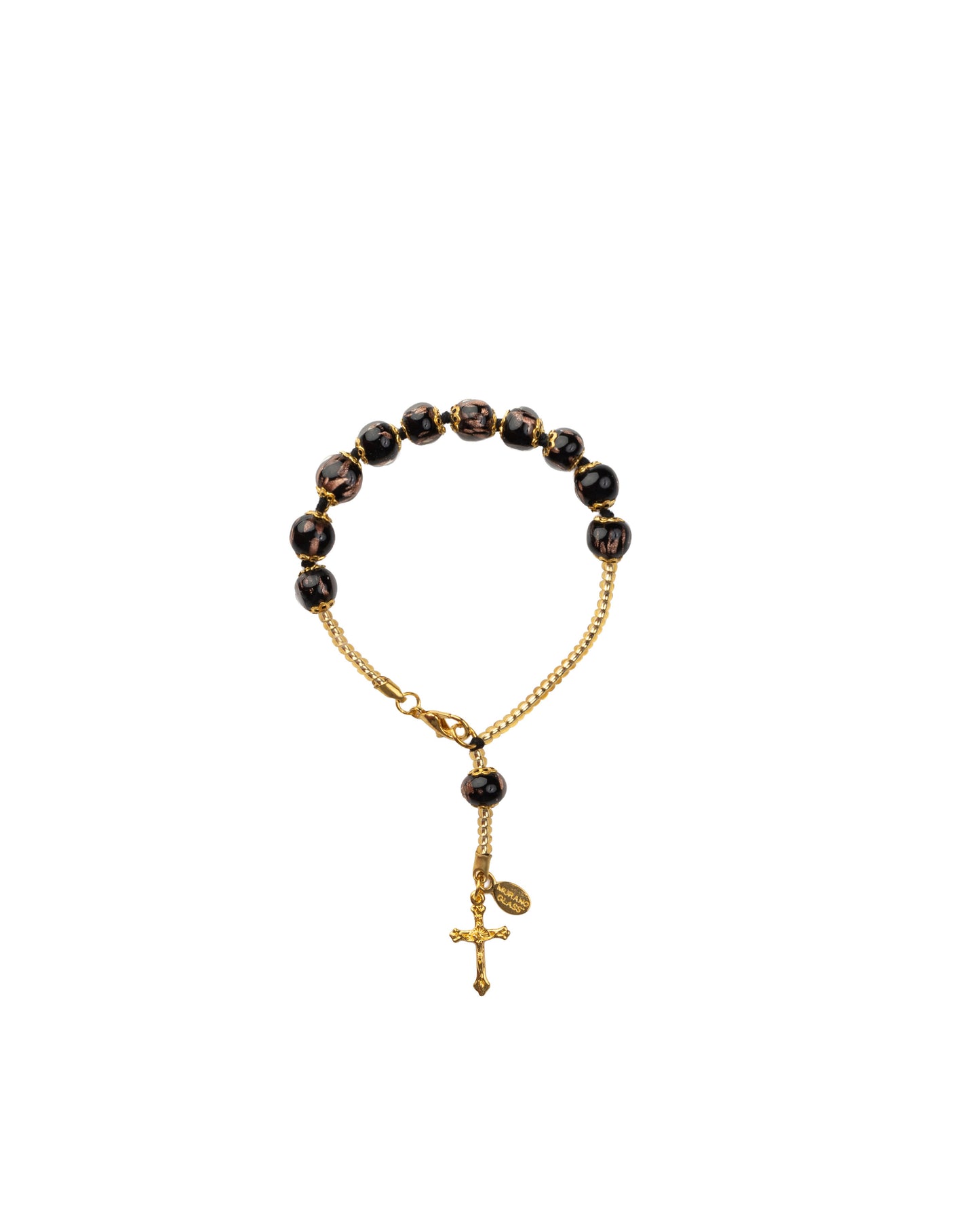 BDG-Bracciale Decina in Vetro di Murano realizzato interamente a mano con 10 Perle da 8 mm lungo 19,5 cm - Gold (Avventurina pasta 064 Nero)
