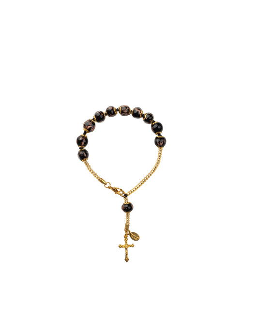 BDG-Bracciale Decina in Vetro di Murano realizzato interamente a mano con 10 Perle da 8 mm lungo 19,5 cm - Gold (Avventurina pasta 064 Nero)