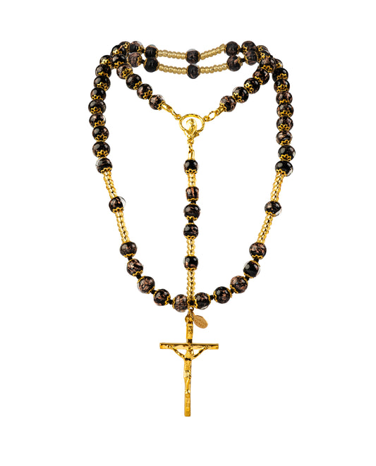 AG-Rosario in Vetro di Murano realizzato interamente a mano con 59 Perle da 8 mm lungo 68 cm - Gold (Avventurina Pasta 064 Nero)