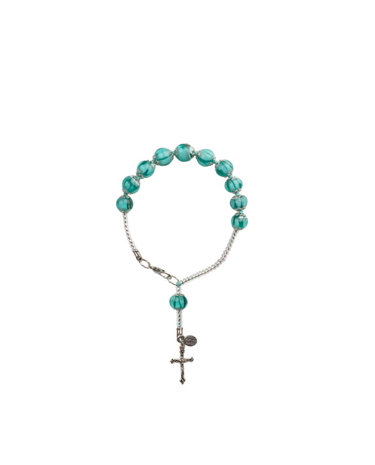 BDS-Bracciale Decina in Vetro di Murano realizzato interamente a mano con 10 Perle da 8 mm lungo 19,5 cm - Silver (Nuvola 026 Verde)