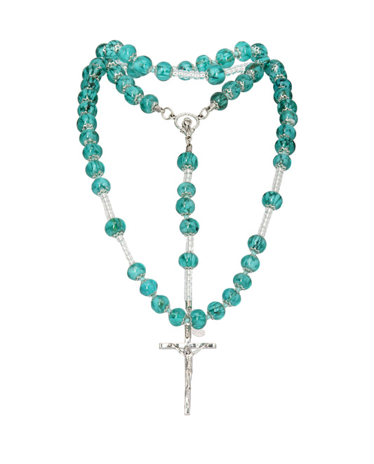 AS-Rosario in Vetro di Murano realizzato interamente a mano con 59 Perle da 8 mm lungo 68 cm - Silver (Nuvola 026 verde)