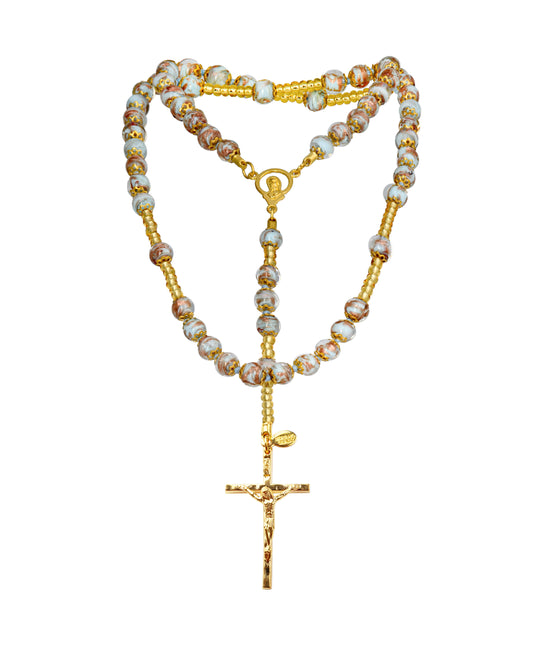 AG-Rosario in Vetro di Murano realizzato interamente a mano con 59 Perle da 8 mm lungo 68 cm - Gold (Avventurina pasta 224 Azzurro Chiaro)