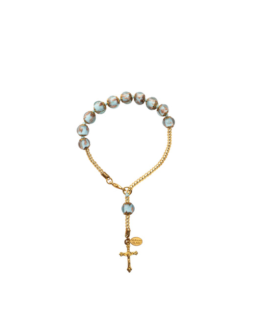 BDG-Bracciale Decina in Vetro di Murano realizzato interamente a mano con 10 Perle da 8 mm lungo 19,5 cm - Gold (Avventurina pasta-224 azzurro chiaro)