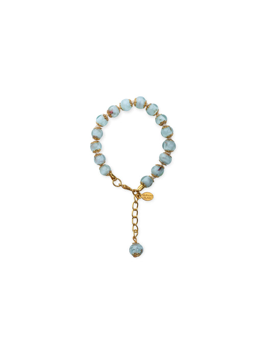 BRG-Bracciale in Vetro di Murano realizzato interamente a mano con 15 Perle da 8 mm lungo 18,5 cm - Gold (Avventurina pasta 224 azzurro chiaro)