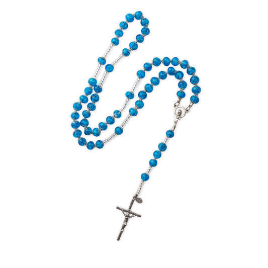Rosario in Vetro di Murano color Blu con Crocifisso placcato Argento 925