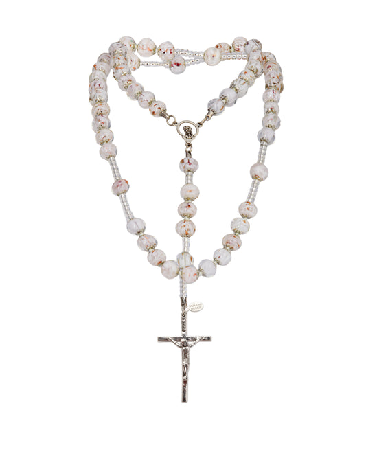 AS-Rosario in Vetro di Murano realizzato interamente a mano con 59 Perle da 8 mm lungo 68 cm - Silver (Nuvola 004 bianco)