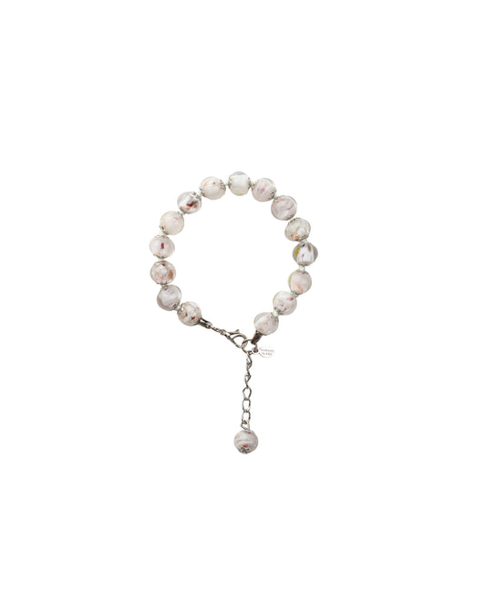 BRS-Bracciale in Vetro di Murano realizzato interamente a mano con 15 Perle da 8 mm lungo 18,5 cm - Silver (Nuvola 004 Bianco)