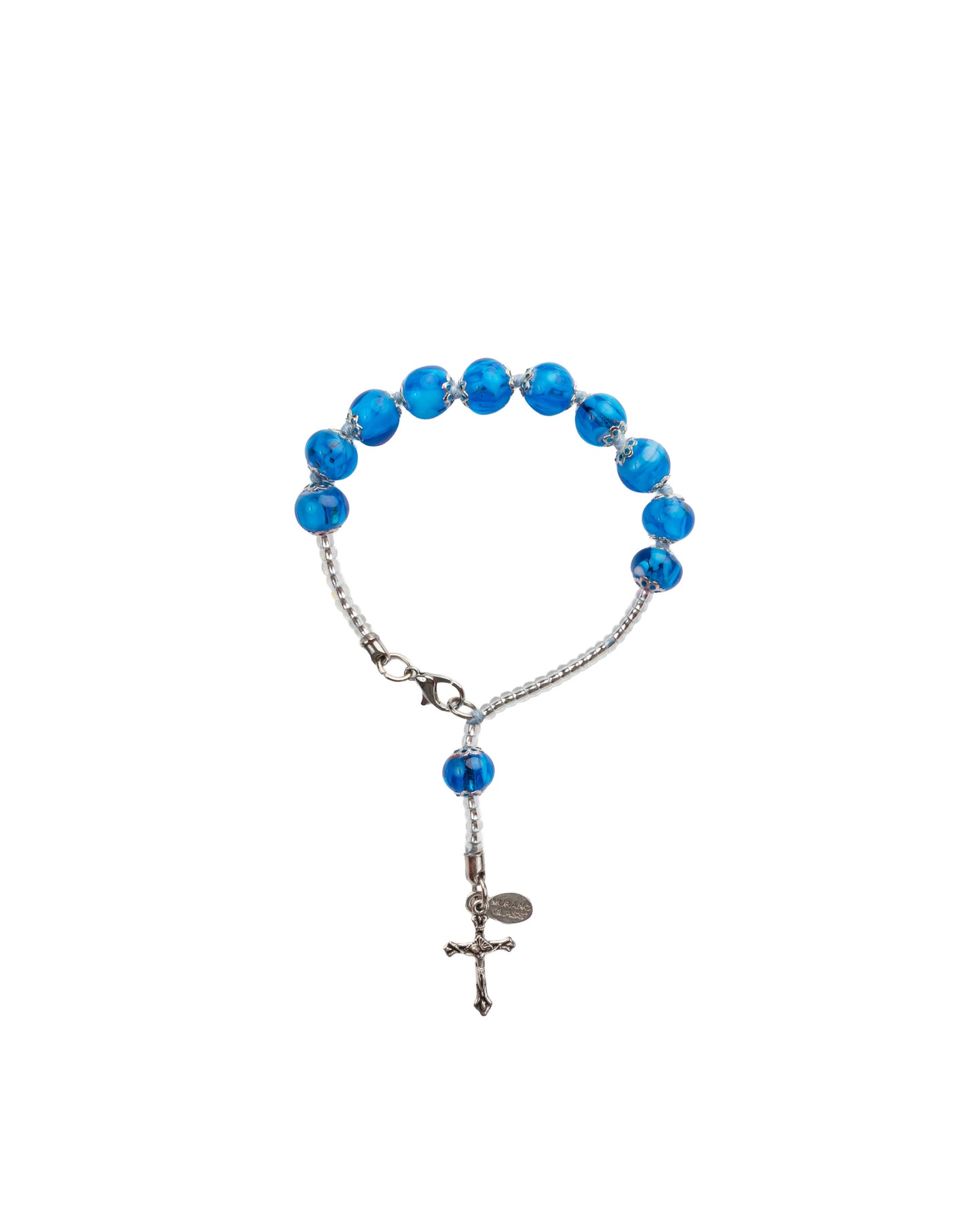 BDS-Bracciale Decina in Vetro di Murano realizzato interamente a mano con 10 Perle da 8 mm lungo 19,5 cm - Silver (Nuvola 036 Azzurro)