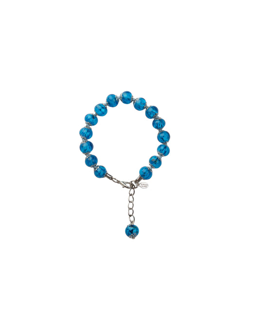 BRS-Bracciale in Vetro di Murano realizzato interamente a mano con 15 Perle da 8 mm lungo 18,5 cm - Silver (Nuvola 036 Azzurro)