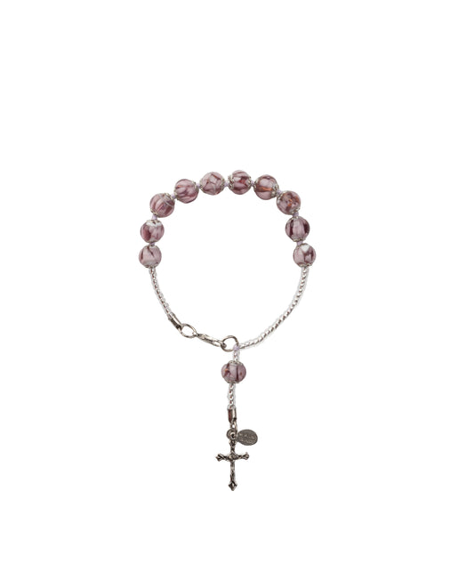 BDS-Bracciale Decina in Vetro di Murano realizzato interamente a mano con 10 Perle da 8 mm lungo 19,5 cm - Silver (Nuvola 040 Viola)