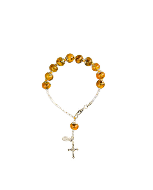 BDS-Bracciale Decina in Vetro di Murano realizzato interamente a mano con 10 Perle da 8 mm lungo 19,5 cm - Silver (Nuvola 012 Ambra)