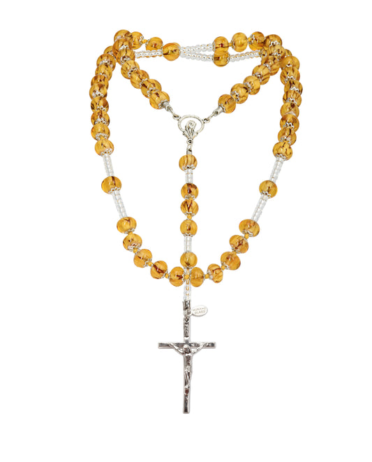 AG-Rosario in Vetro di Murano realizzato interamente a mano con 59 Perle da 8 mm lungo 68 cm - Gold (Nuvola 012 Ambra)