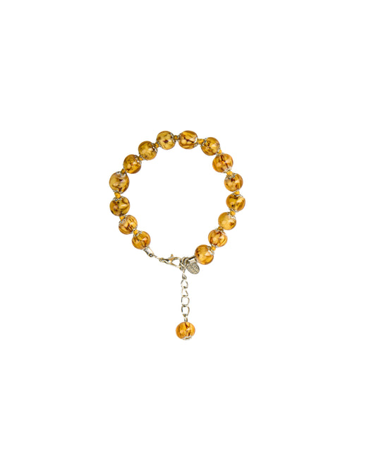 BRS-Bracciale in Vetro di Murano realizzato interamente a mano con 15 Perle da 8 mm lungo 18,5 cm - Silver (Nuvola 012 Ambra)