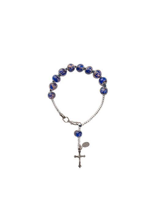 BDS-Bracciale Decina in Vetro di Murano realizzato interamente a mano con 10 Perle da 8 mm lungo 19,5 cm - Silver (Avventurina Pasta 242 Blu Scuro)