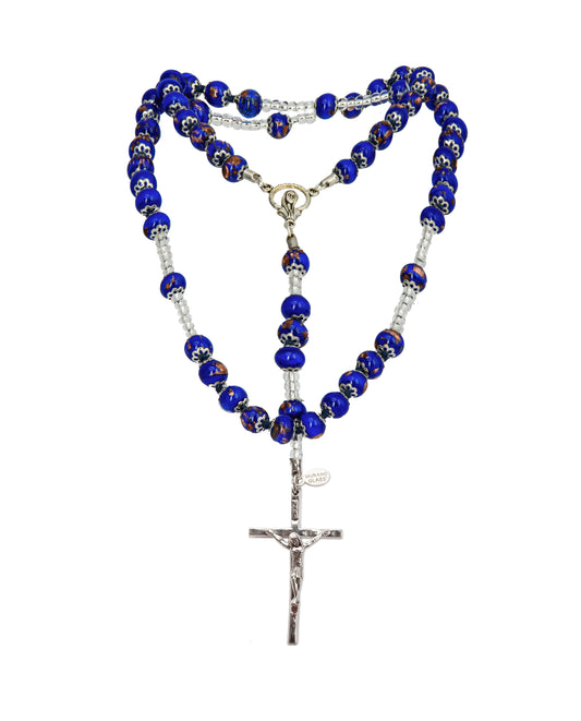 AS-Rosario in Vetro di Murano realizzato interamente a mano con 59 Perle da 8 mm lungo 68 cm - Silver (Avventurina pasta 242 Blu Scuro)