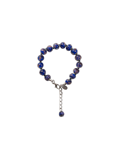 BRS-Bracciale in Vetro di Murano realizzato interamente a mano con 15 Perle da 8 mm lungo 18,5 cm - Silver (Avventurina Pasta 242 Blu Scuro)