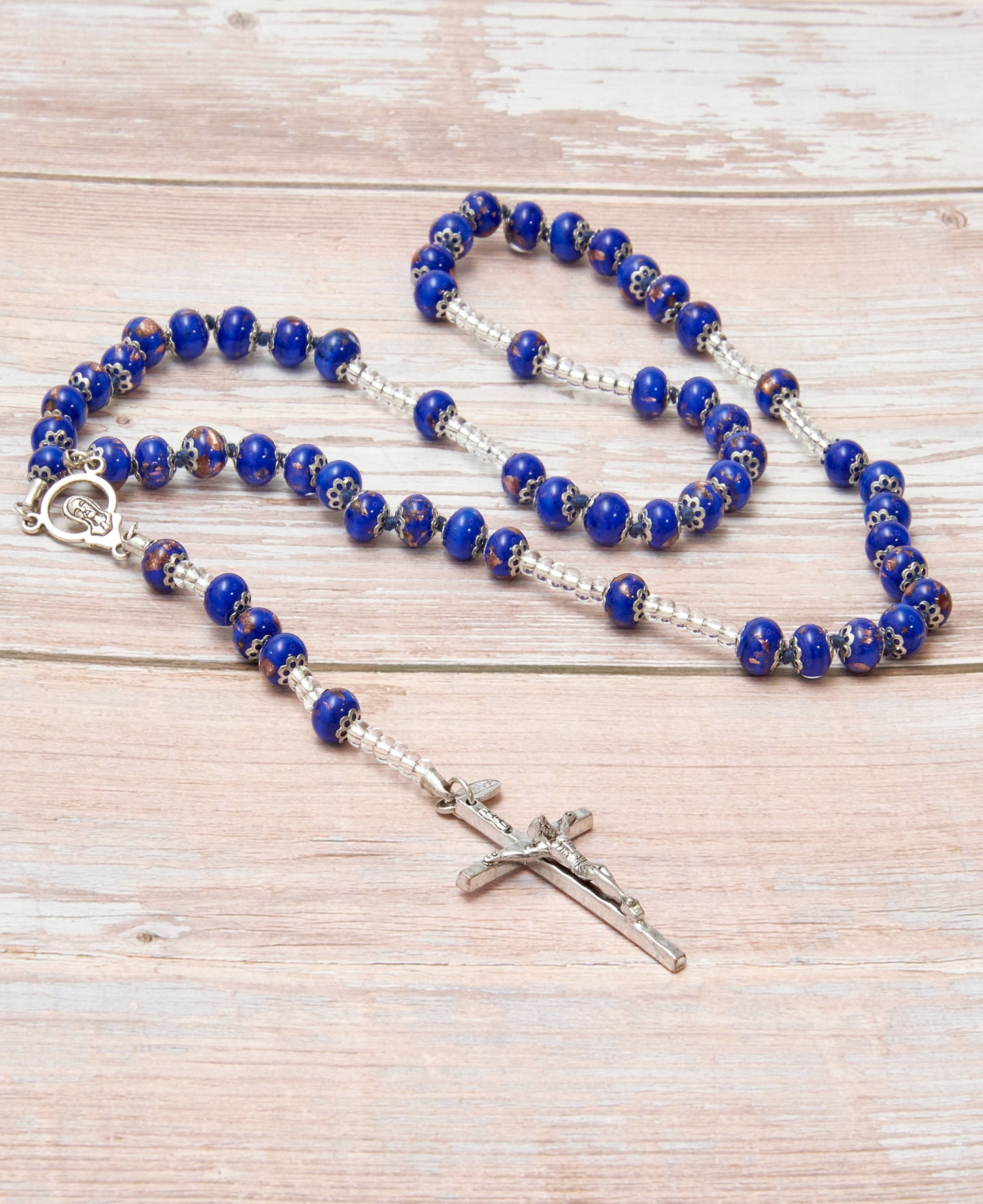 AS1-Rosario in Vetro di Murano garantito, realizzato interamente a mano con 59 Perle da 8 mm lungo 68 cm - Silver (Avventurina pasta 242 Blu Scuro)