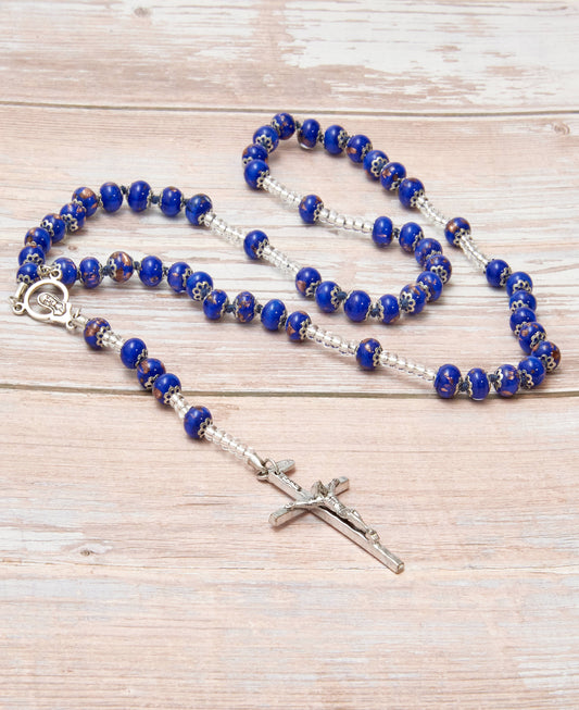 AS1-Rosario in Vetro di Murano garantito, realizzato interamente a mano con 59 Perle da 8 mm lungo 68 cm - Silver (Avventurina pasta 242 Blu Scuro)