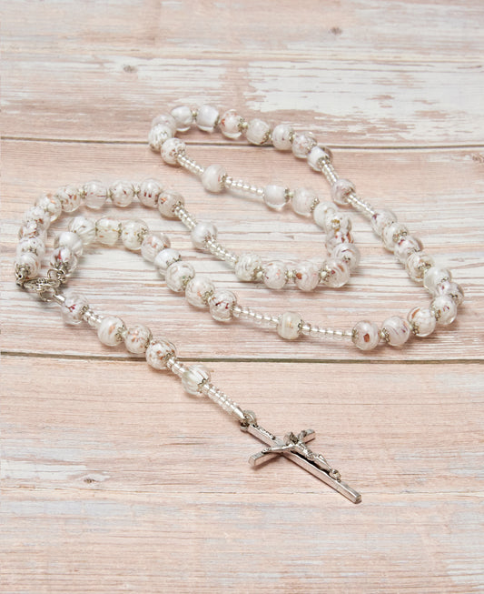 AS3-Rosario in Vetro di Murano garantito, realizzato interamente a mano con 59 Perle da 8 mm lungo 68 cm - Silver (Nuvola 004 bianco)