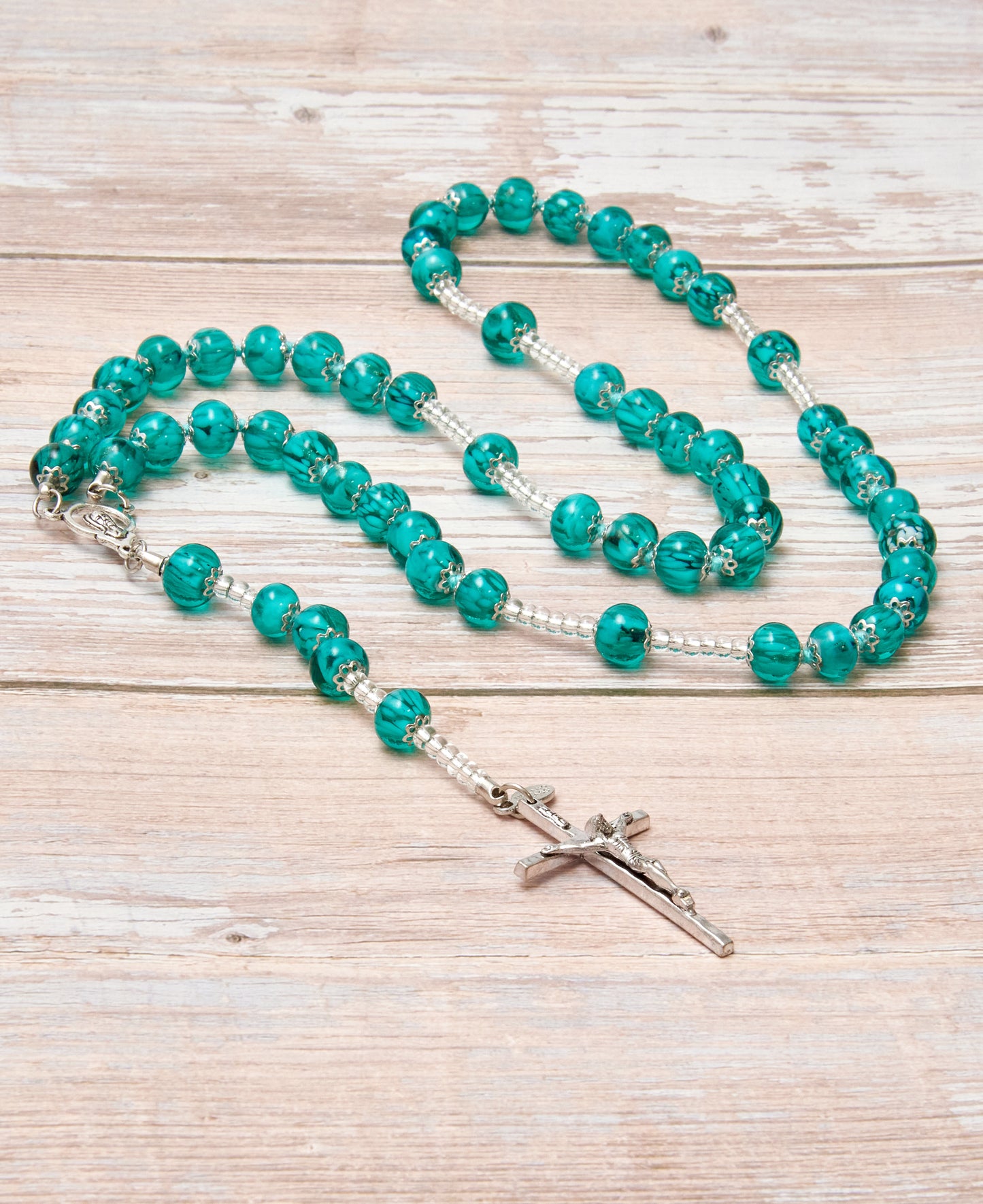 AS2-Rosario in Vetro di Murano garantito, realizzato interamente a mano con 59 Perle da 8 mm lungo 68 cm - Silver (Nuvola 026 verde)